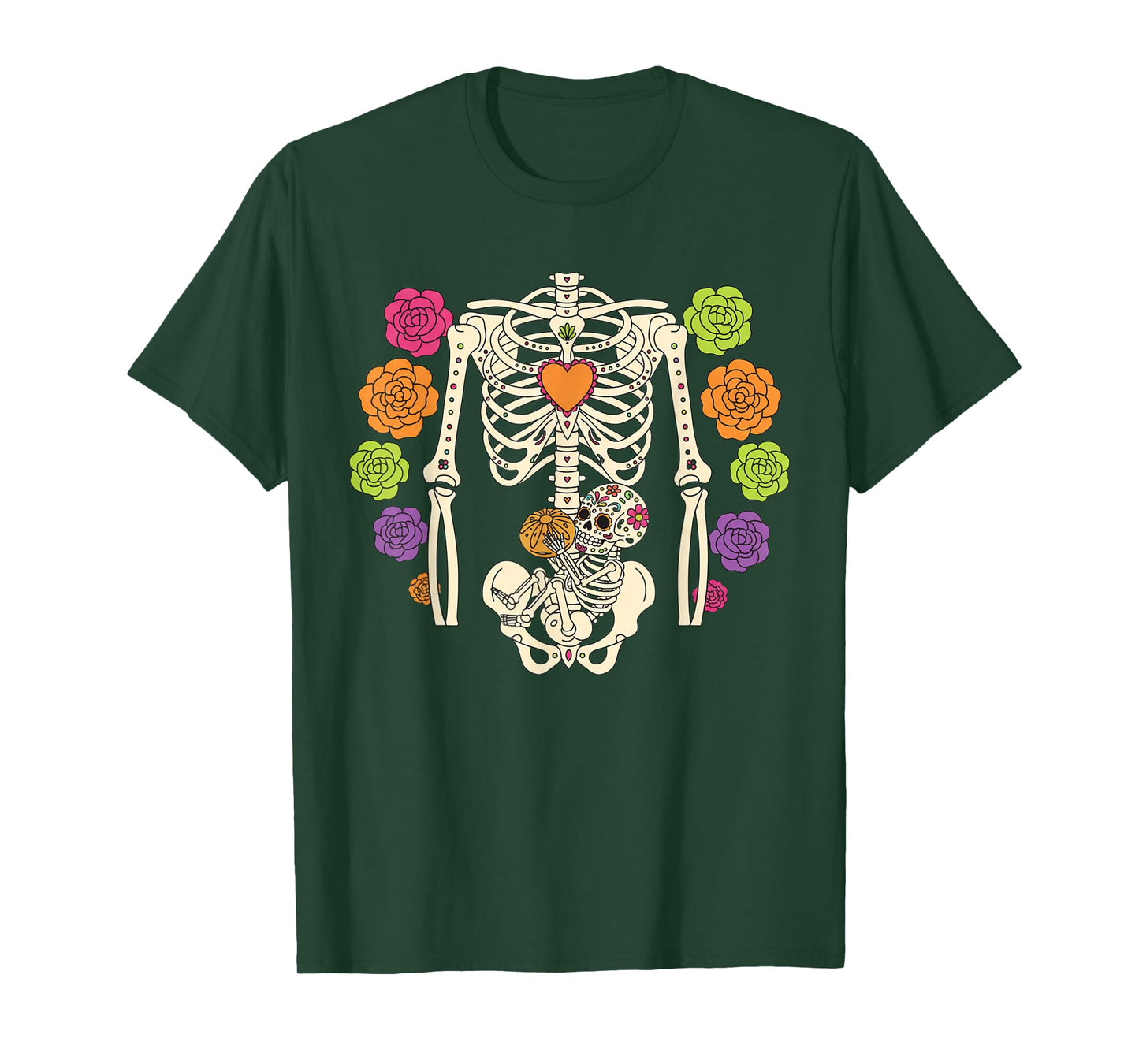 Colorful Sugar Skull Pregnancy Skeleton Halloween Costume T-Shirt