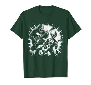 Funny Bigfoot and Alien Playing Guitar Rock Music Musicians T-Shirt