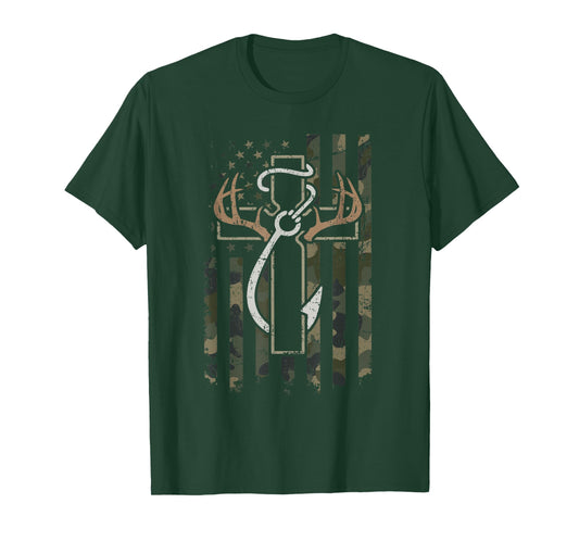 Camo Flag Deer Antlers Cross Fishing Hook Hunting Season T-Shirt