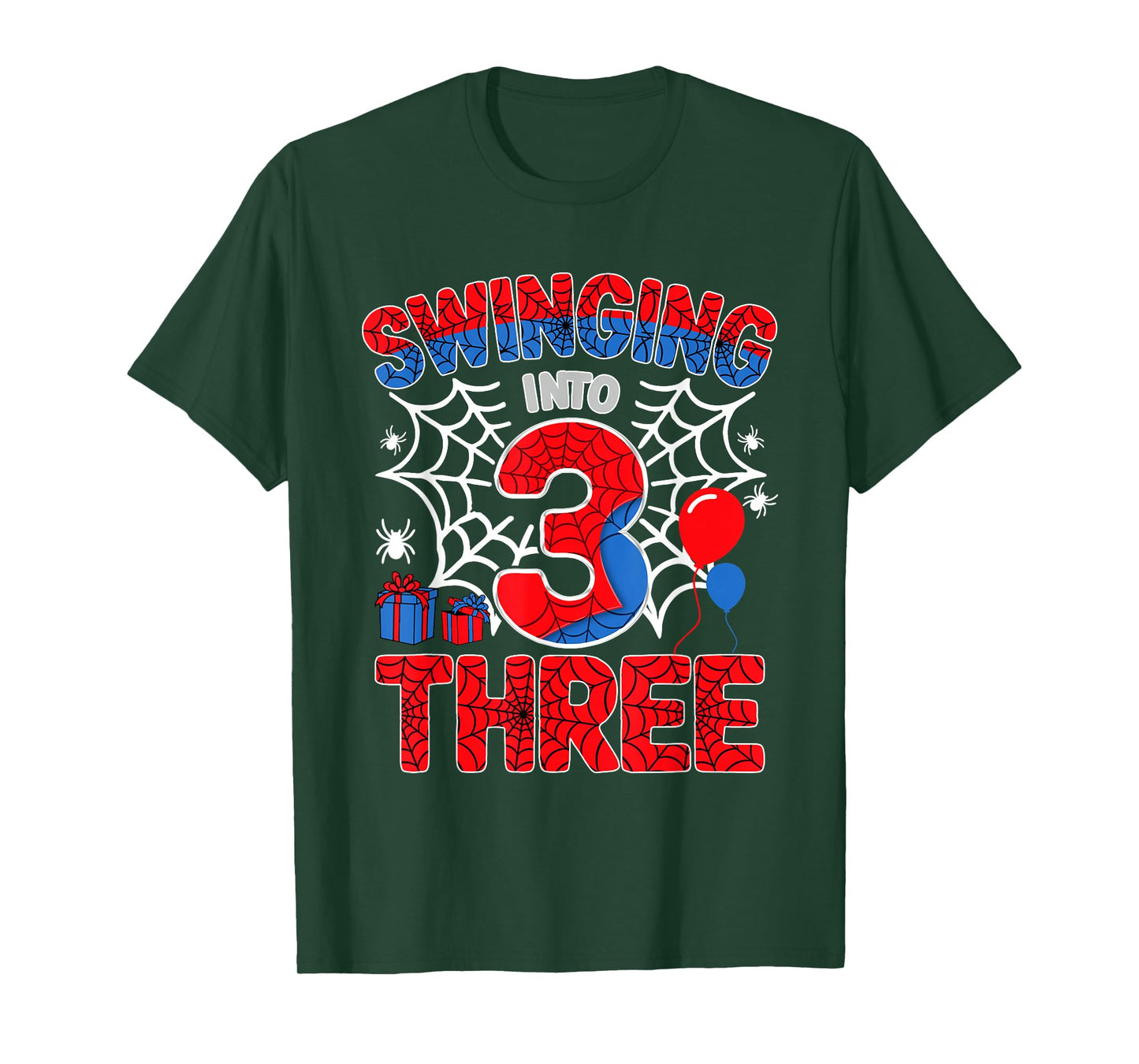 Swinging Into 3 Year Old Boy Funny 3rd Spider Birthday Party T-Shirt