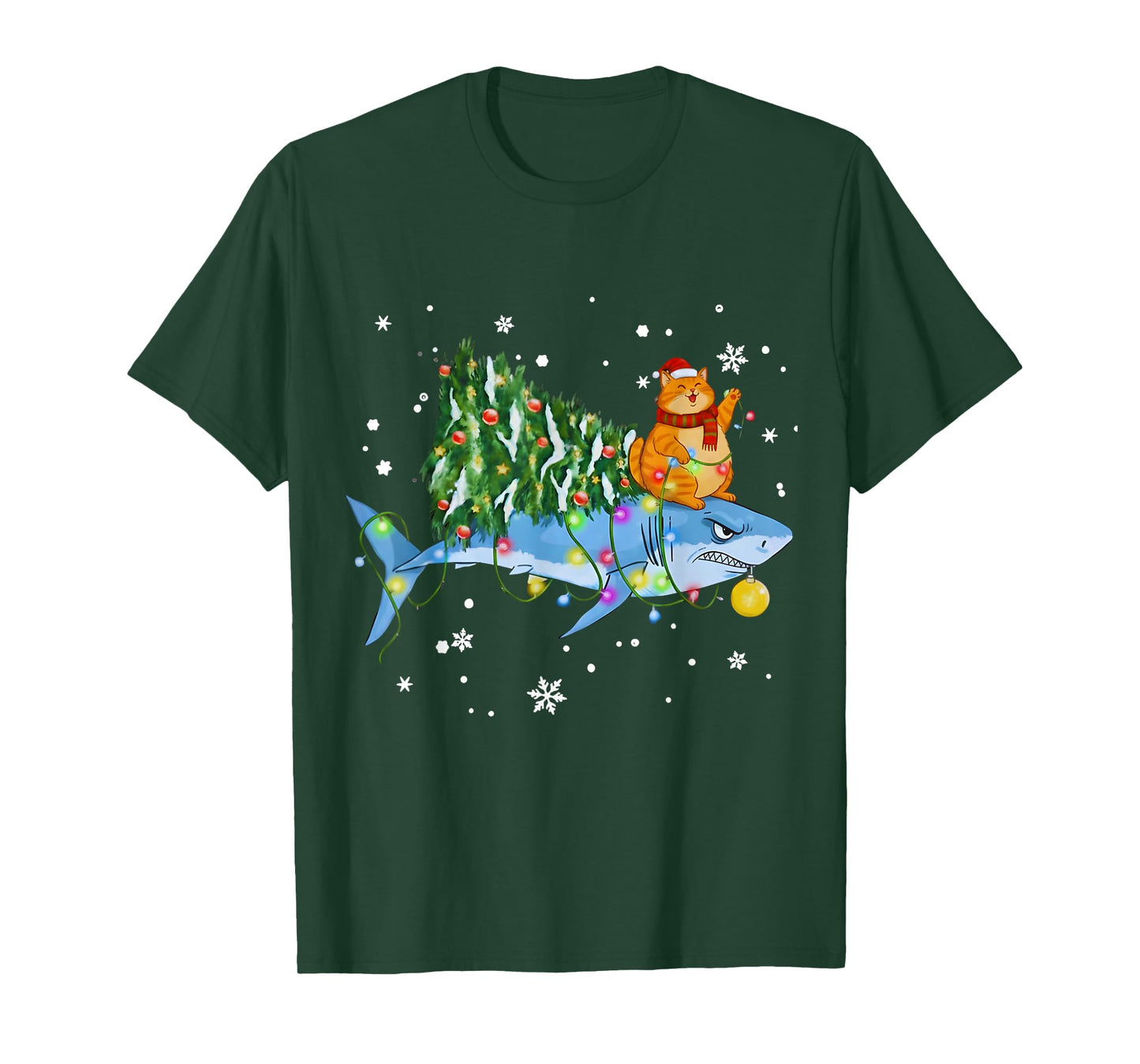 Funny Christmas Shark Cat Tree Lights Sharkmas Tree Xmas Tee T-Shirt