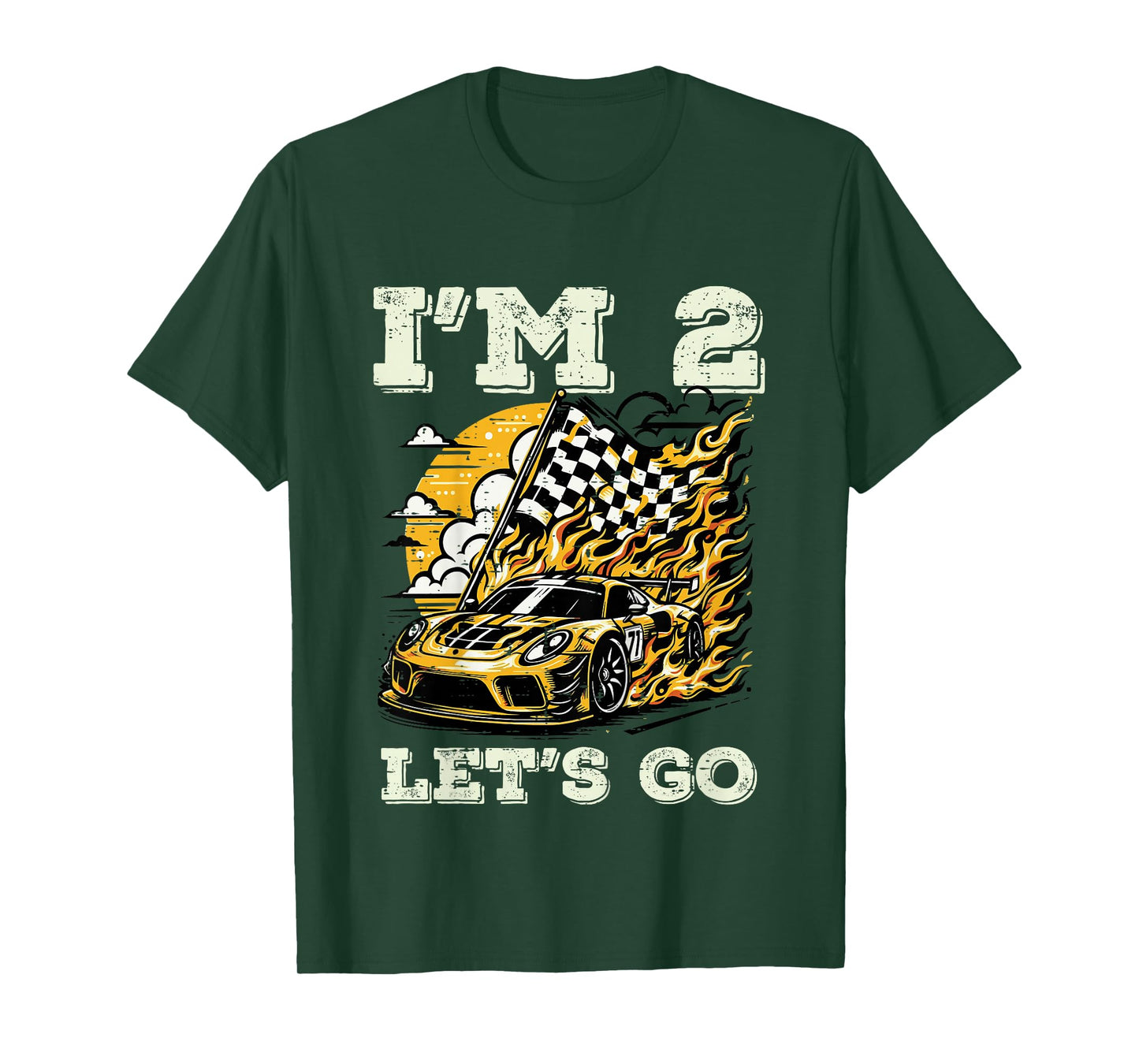 Kids Im 2 Lets Go Race Car Flag 2nd Birthday Boys Toddlers Kids T-Shirt