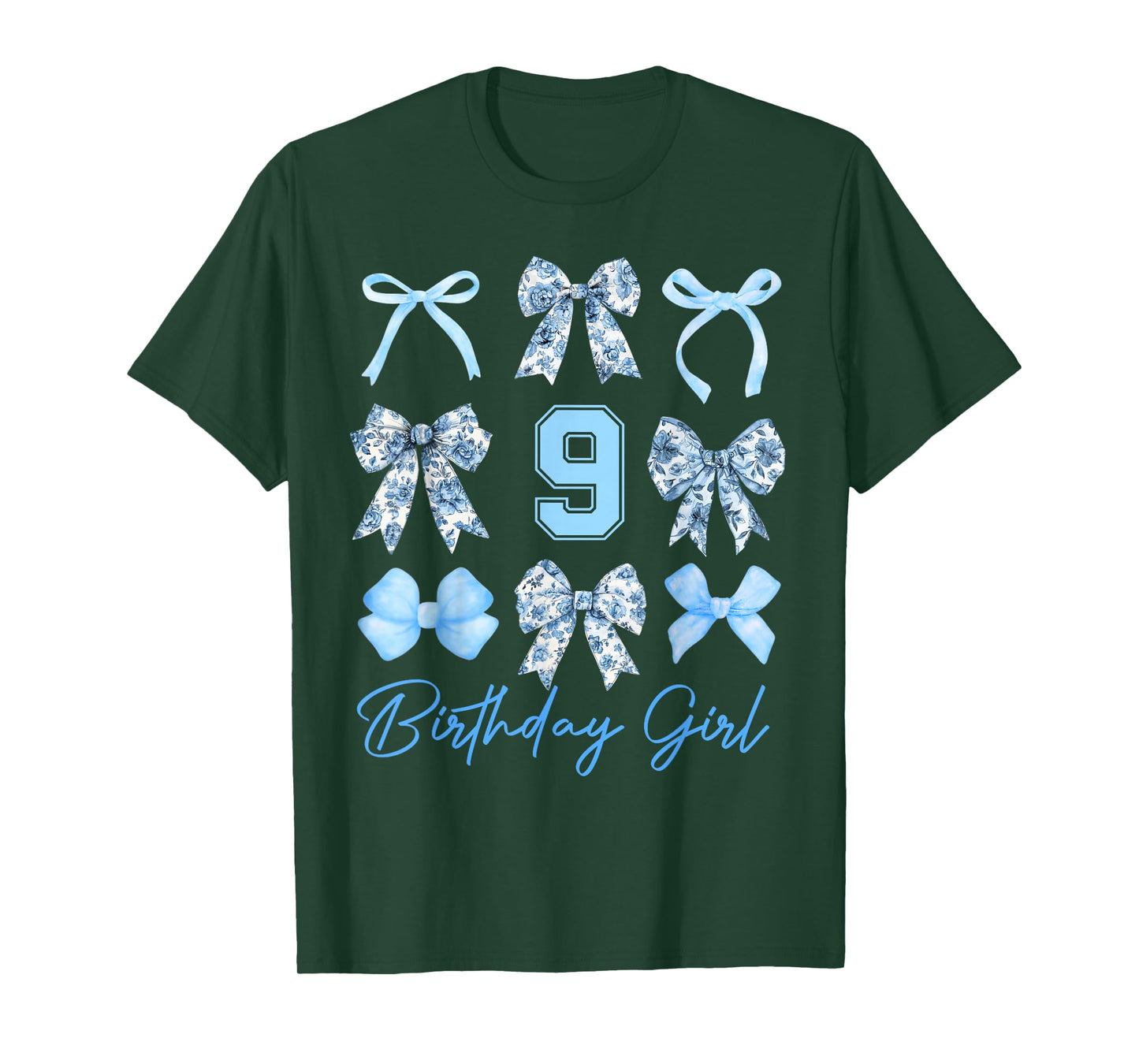 9th Birthday Girl Blue Toile Coquette Bow 9 Year Old Family T-Shirt