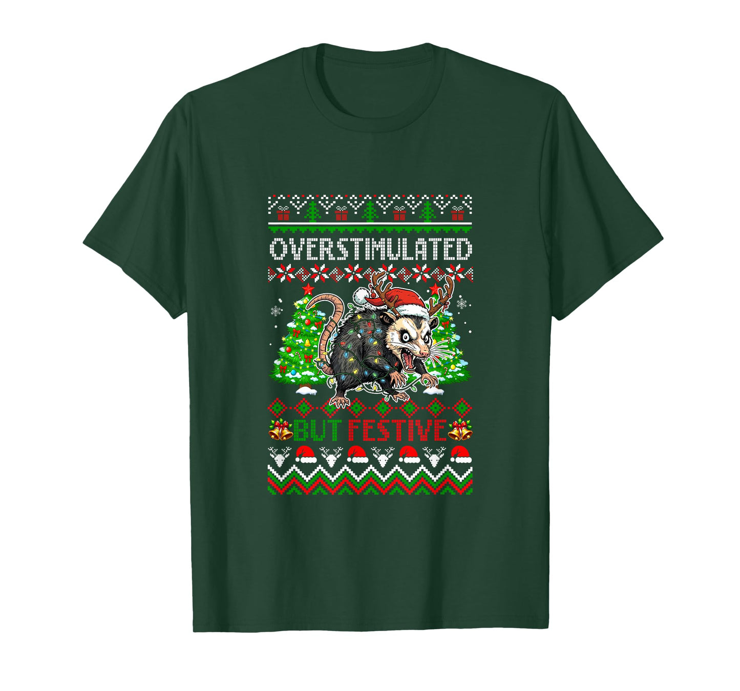 Overstimulated But Festive Christmas Sweater Santa Opossum T-Shirt