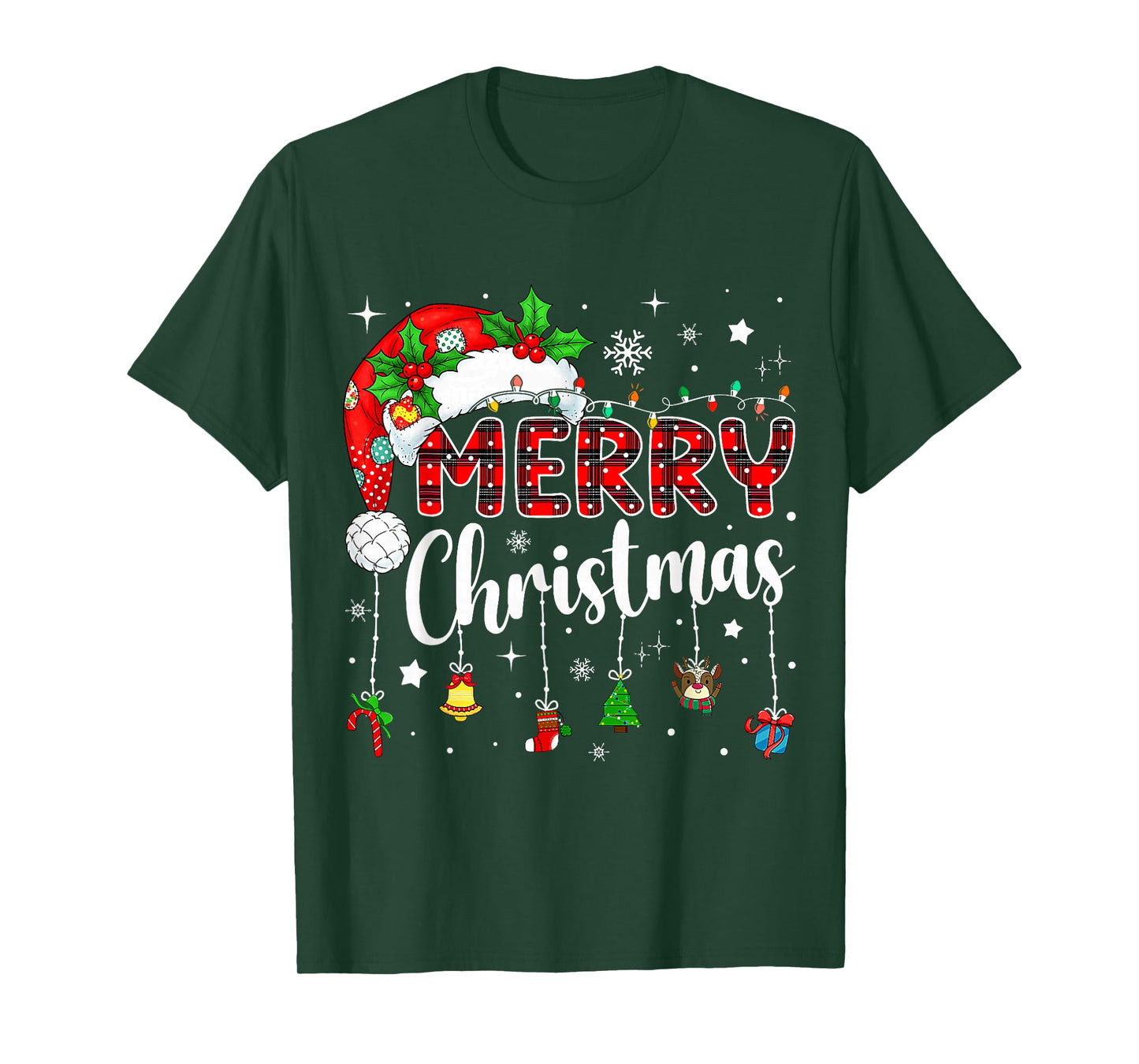 Merry Christmas Lights Santa Hat Xmas Family Matching Pajama T-Shirt