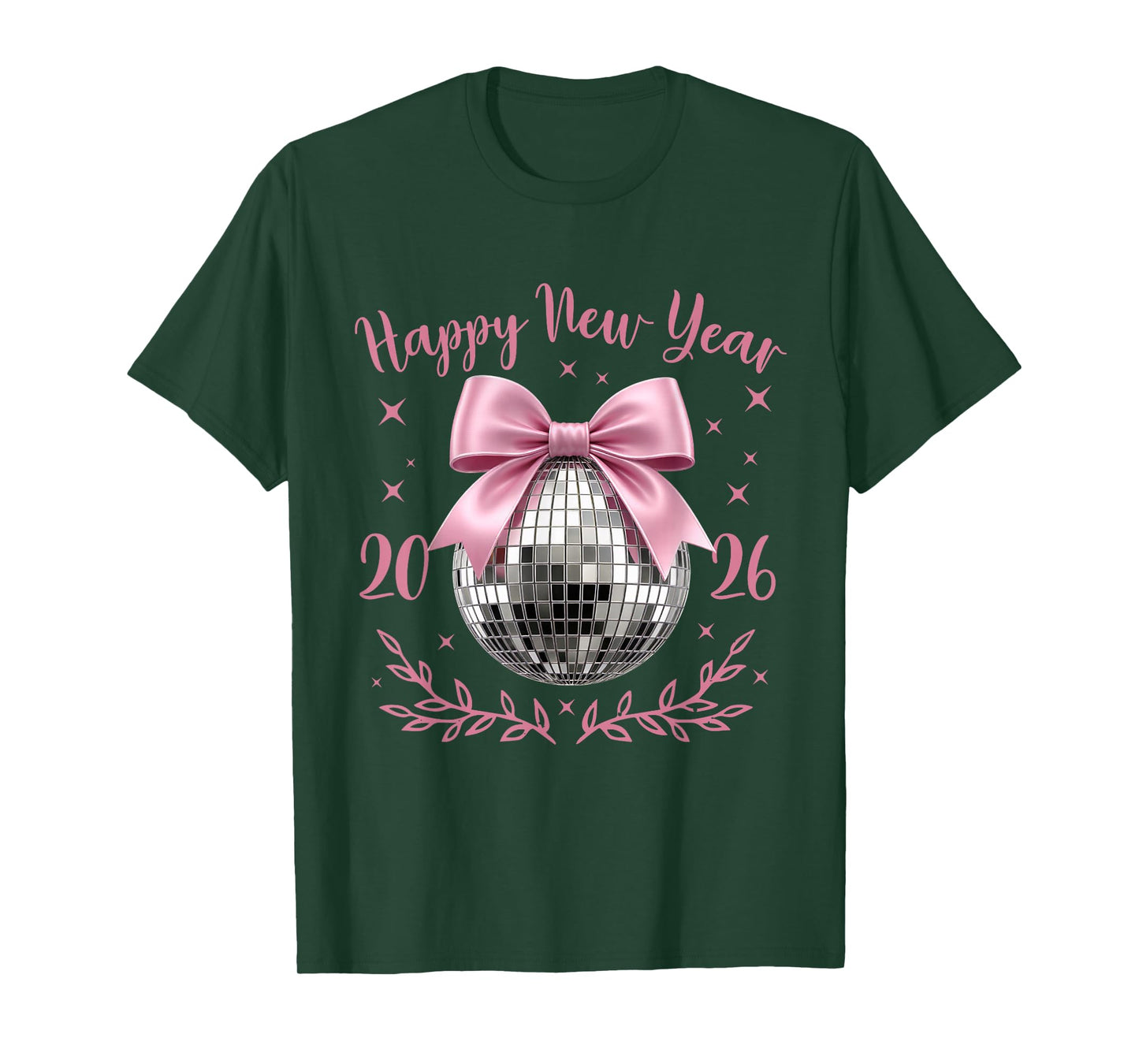 Happy New Year 2026 Coquette Pink Bow Disco Ball Women Girls T-Shirt