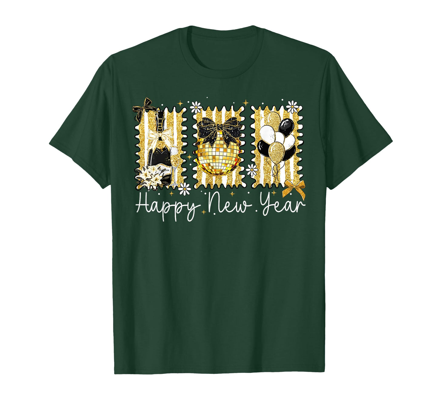 Preppy Happy New Year Disco Ball Champagne Coquette Bow T-Shirt