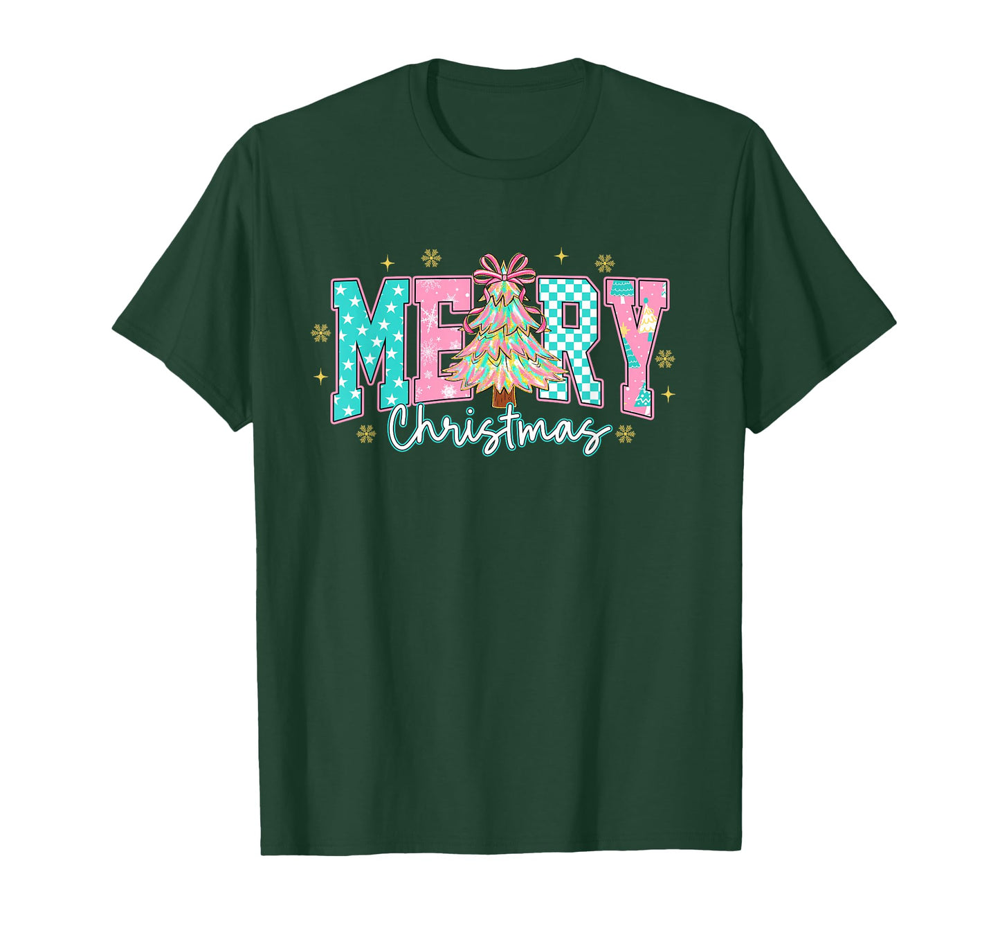 Cute Pastel Merry Christmas Retro Pink Teal Tree Gift T-Shirt