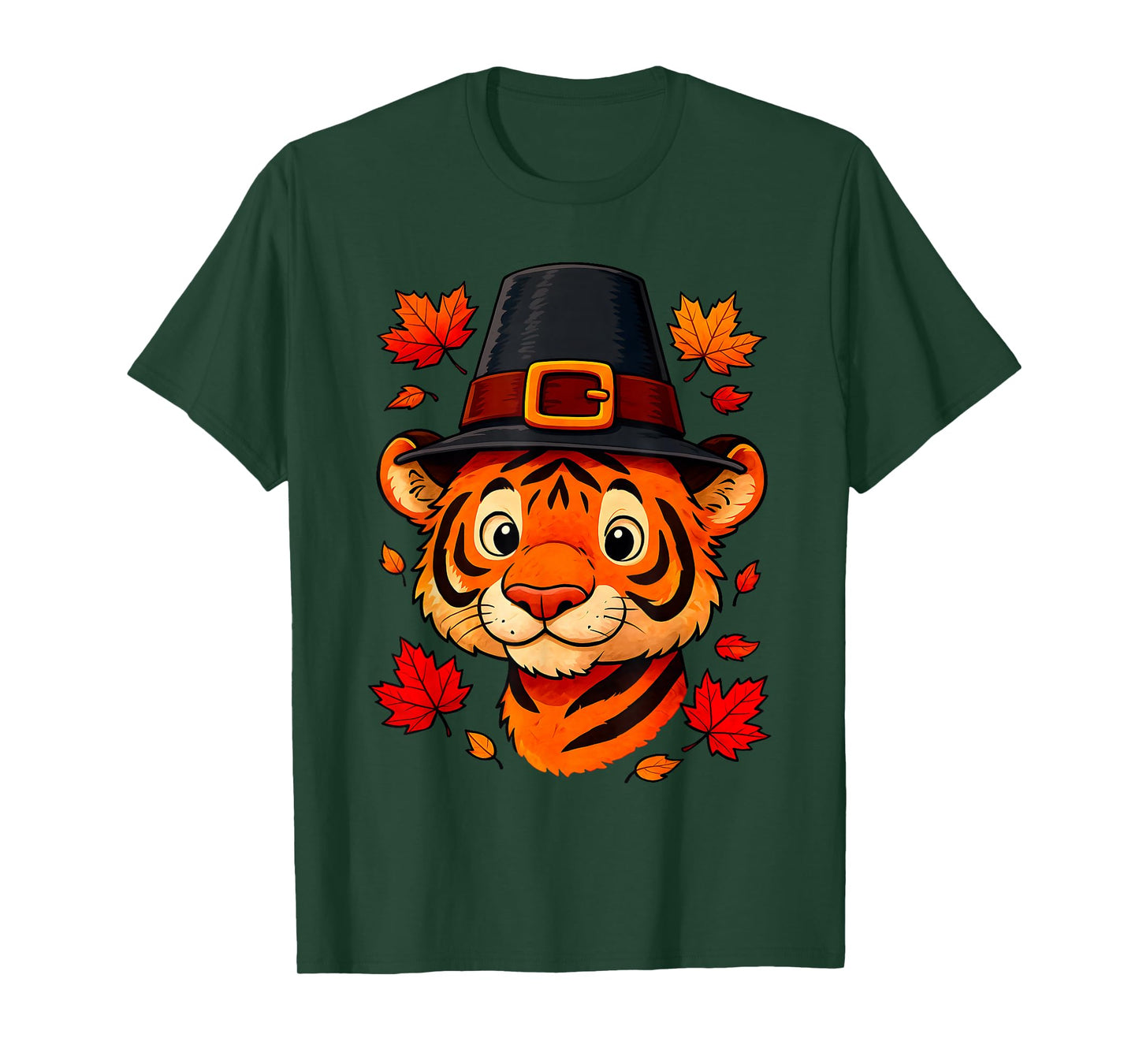 Cute Thanksgiving Tiger in Pilgrim Hat with Leaves T-Shirt