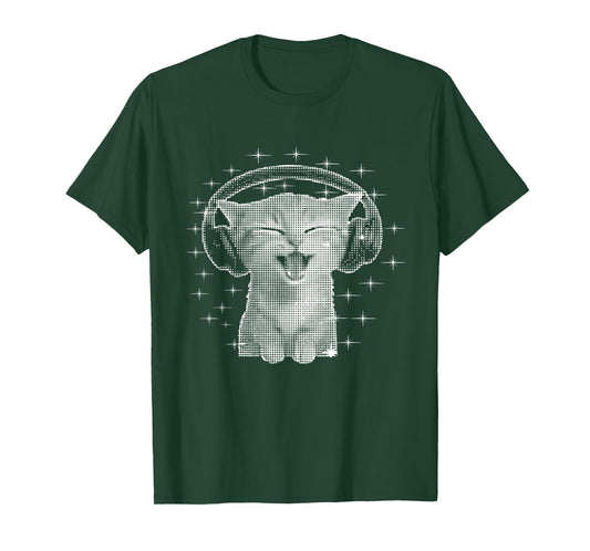 Cute Headphones Cat Funny Y2k Grunge Silly Graphic Meme T-Shirt