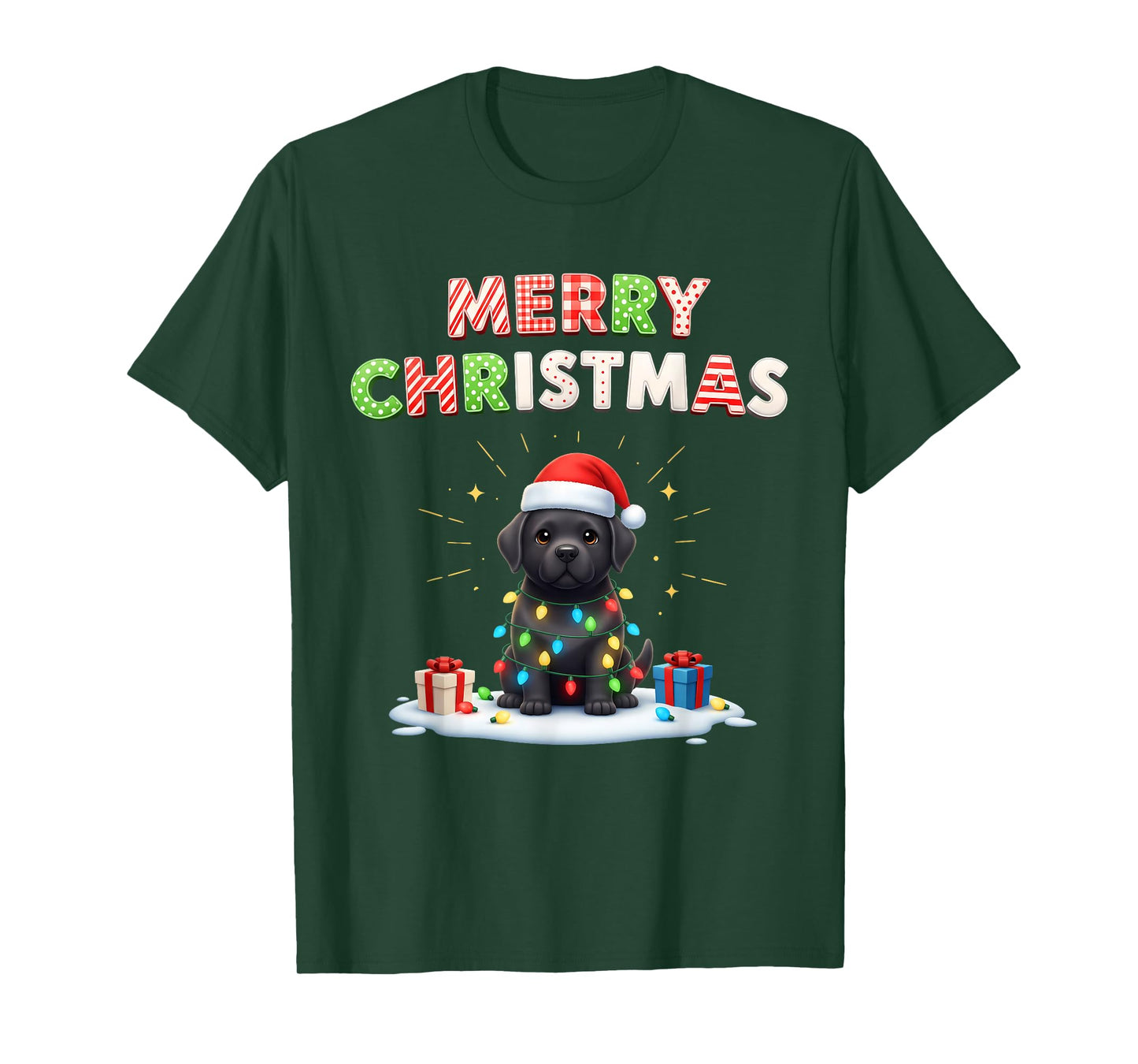 Black Lab Labrador Puppy Christmas Lights Cute Pajama Xmas T-Shirt