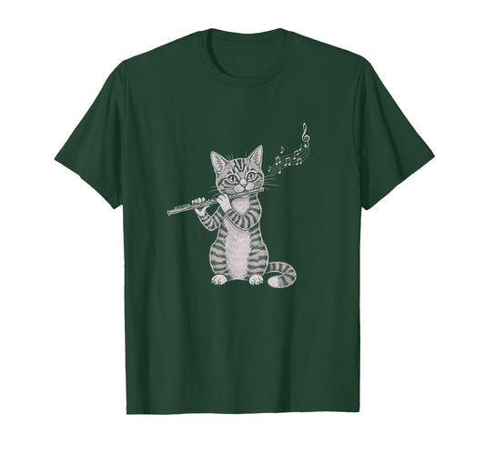 Cat Playing Flute Drawing Art Design T-Shirt