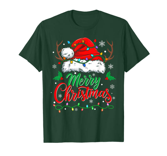 Merry Christmas Lights Red Santa Hat Xmas Family Men Women T-Shirt