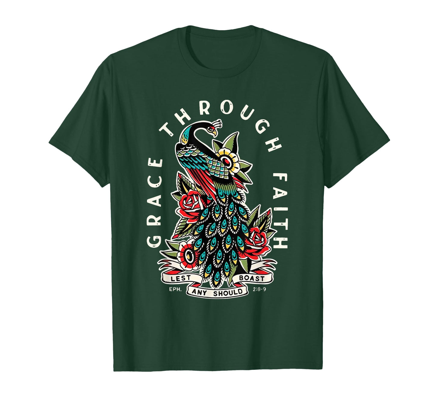 Grace Through Faith Lest Any Should Boast Peacock Christian T-Shirt