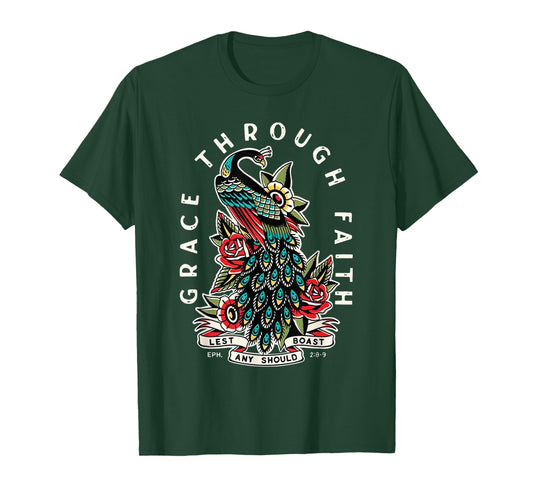 Grace Through Faith Lest Any Should Boast Peacock Christian T-Shirt