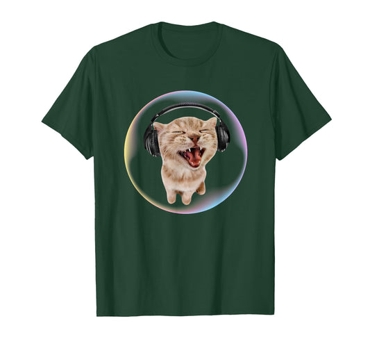Frutiger Aero Cat Wearing Headphones Bubble 2000s Gen-Z Meme T-Shirt