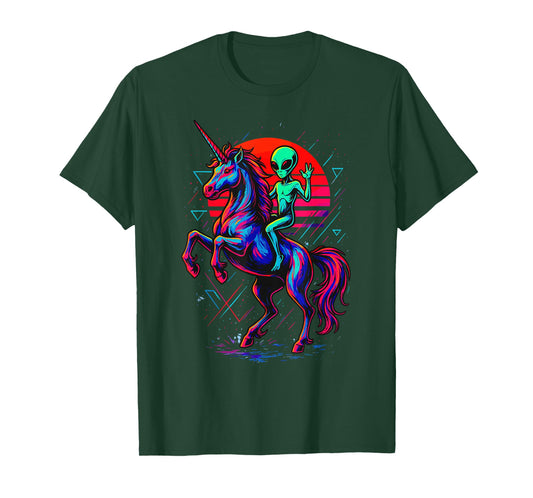 Alien Rides Rainbow Unicorn Retro Area 51 T-Shirt