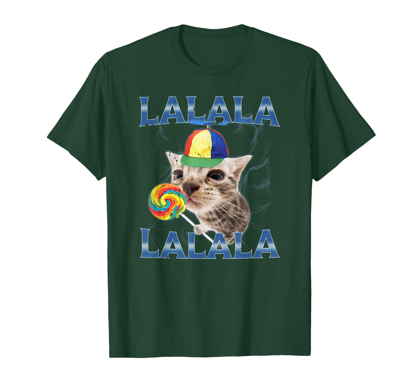 Silly Lalala Cat Meme with Propeller Hat and Candy T-Shirt