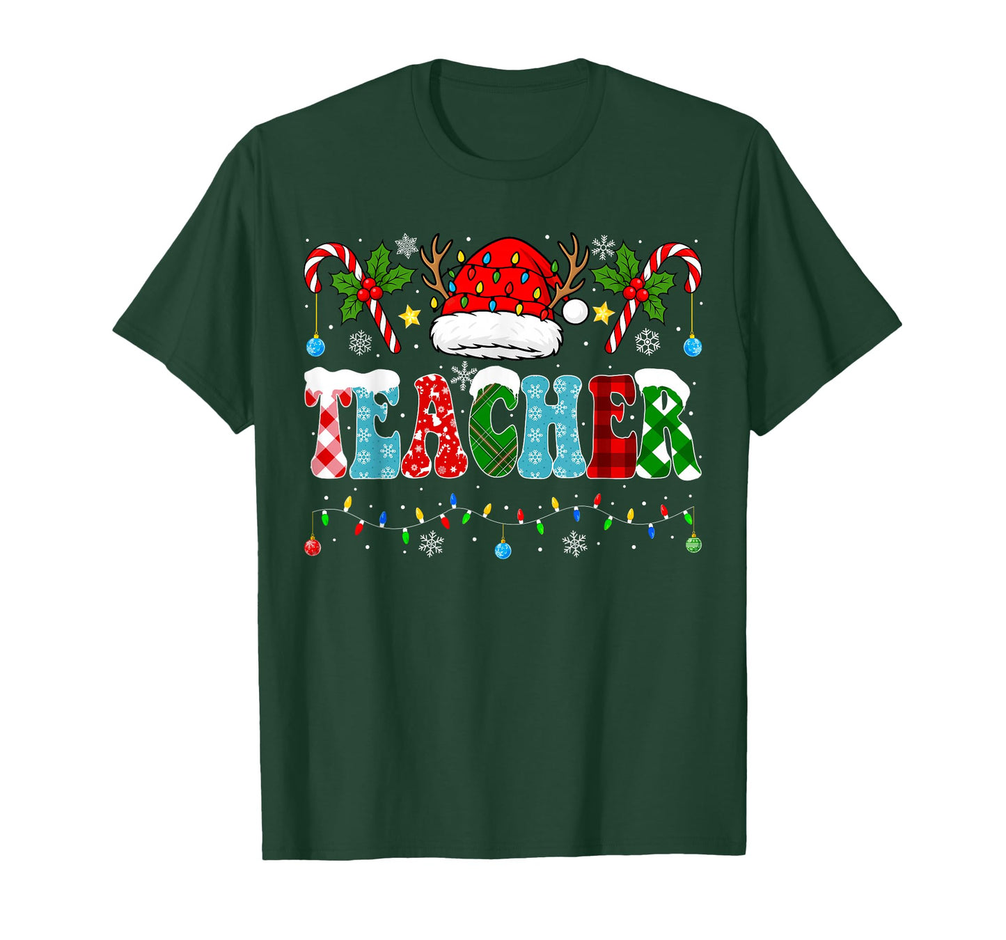 Santa Hat Teacher Christmas Lights Funny Christmas Teacher T-Shirt
