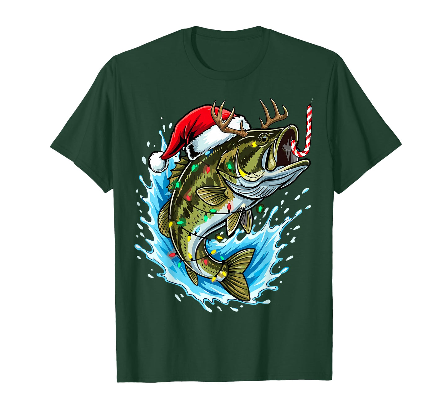 Christmas Bass Fishing Lights Xmas Santa Hat Fish T-Shirt