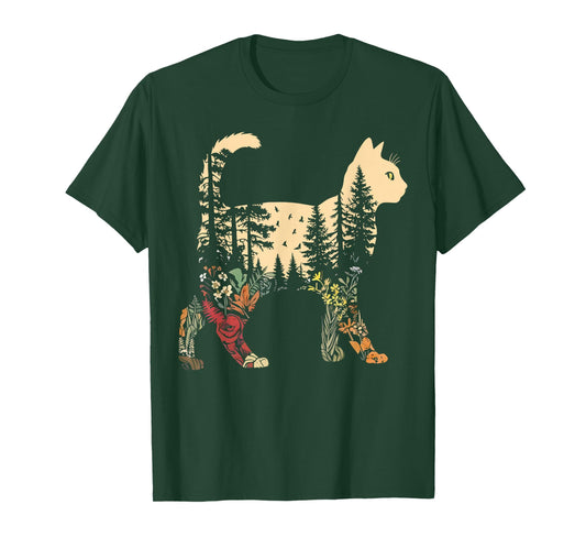 Boho Cat Plants Forest Nature Wildflower Hiking Camping T-Shirt