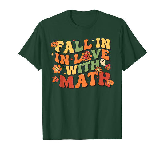 Fall in Love with Math Retro Groovy Teacher Autumn School T-Shirt