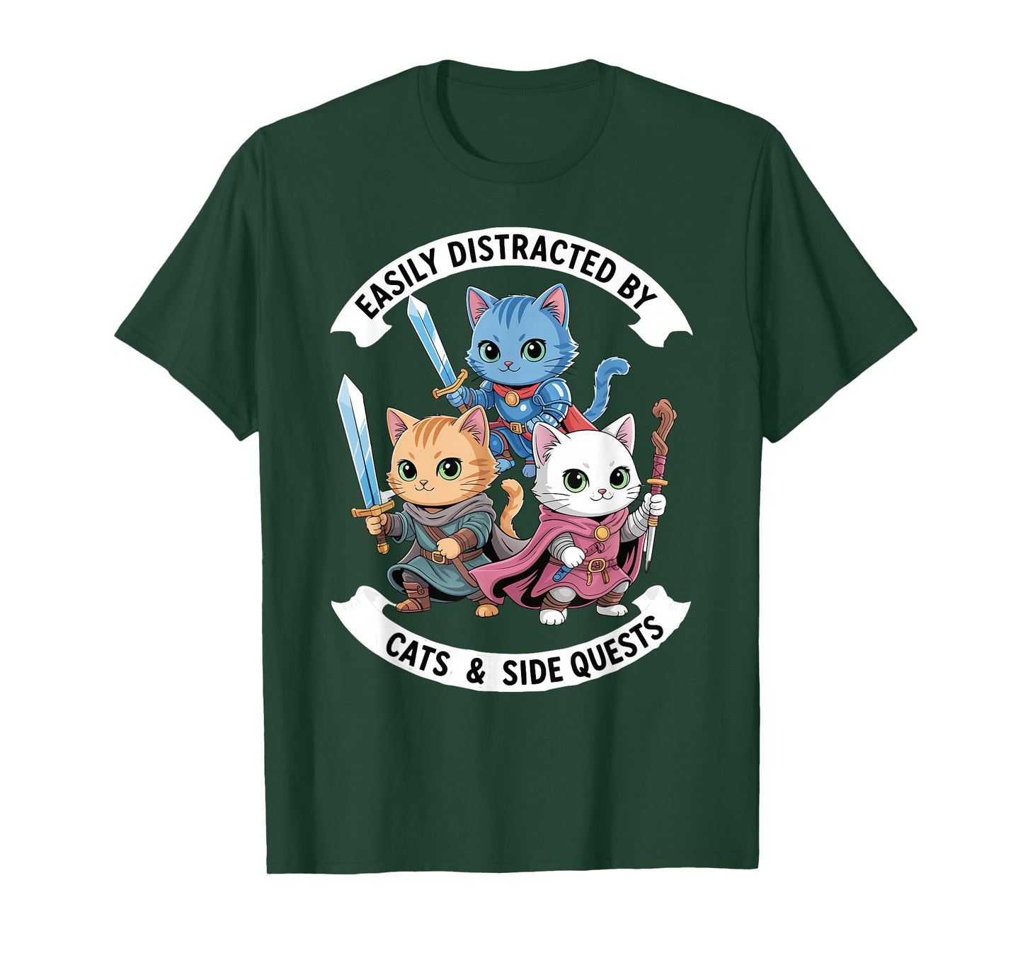 Easily Distracted by Cats & Side Quests Funny Cat Gamer RPG T-Shirt