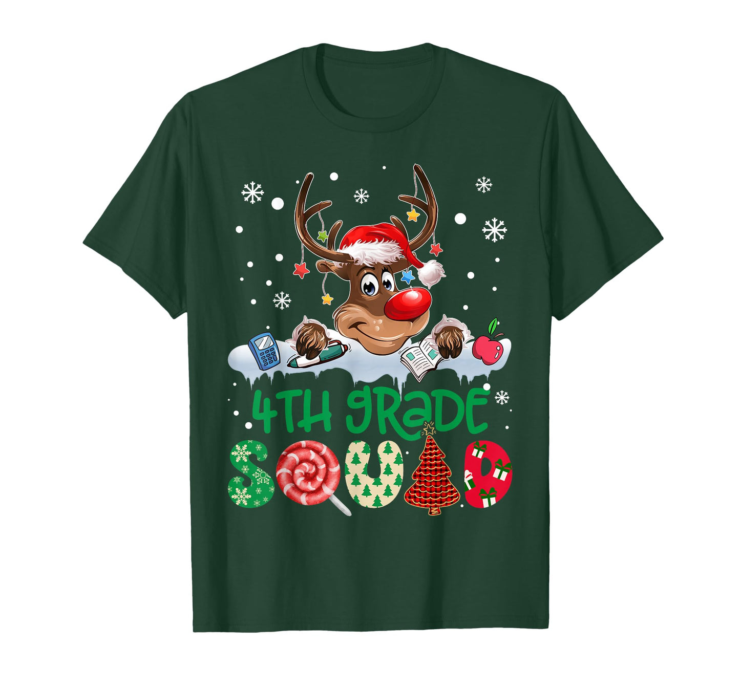 Reindeer Santa Hat 4th Grade Squad Teacher Christmas Kids T-Shirt