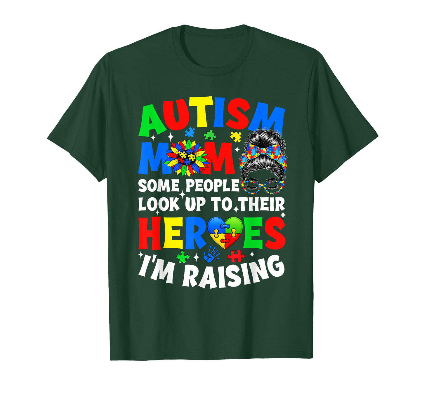 Autism Mom Raising Hero Groovy Messy Bun Autism Awareness T-Shirt