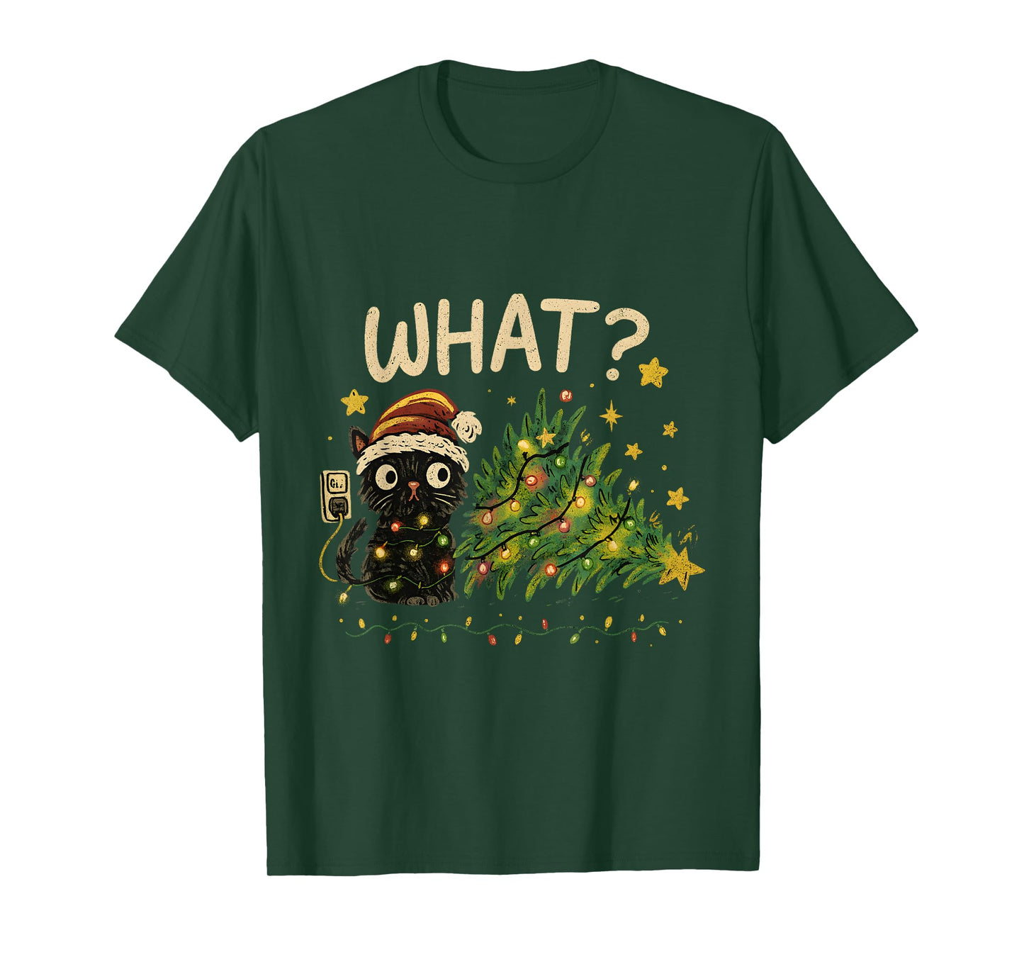 Funny Cat with Christmas Lights and Fallen Tree Art T-Shirt