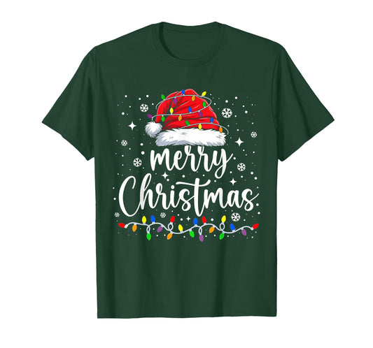 Merry Christmas Lights Santa Hat Xmas Family Matching Pajama T-Shirt