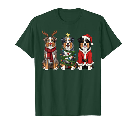 Retro Christmas Australian Shepherd Santa Reindeer Dog Lover T-Shirt