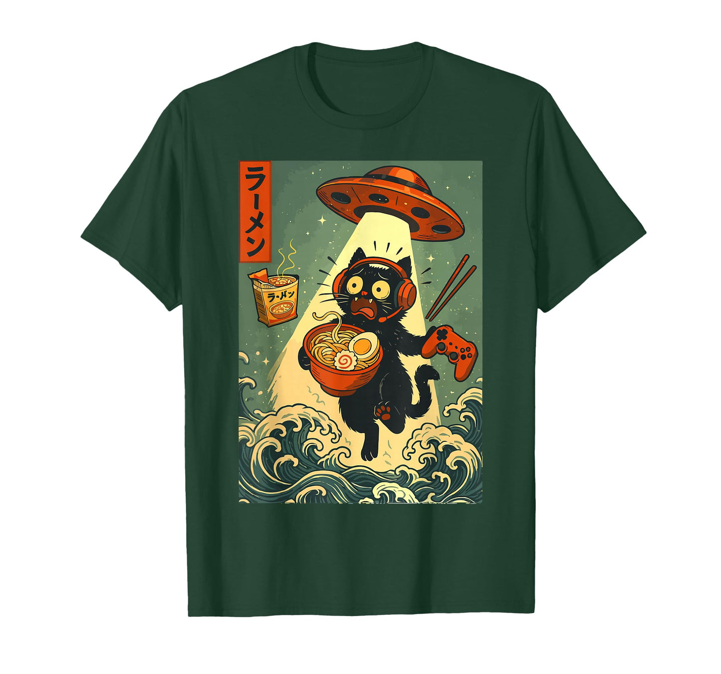 Cute Kawaii Gamer Cat Ramen Retro Japanese Design UFO Beam T-Shirt