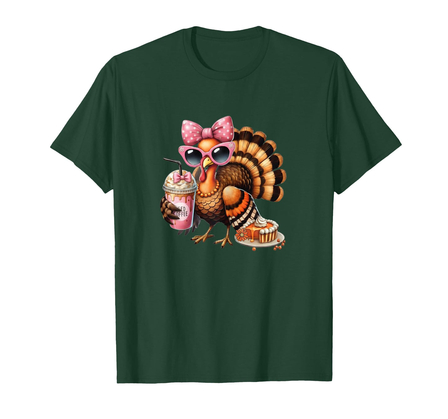 Turkey Drinking Coffee Bow Thanksgiving Womens Turkey Day T-Shirt