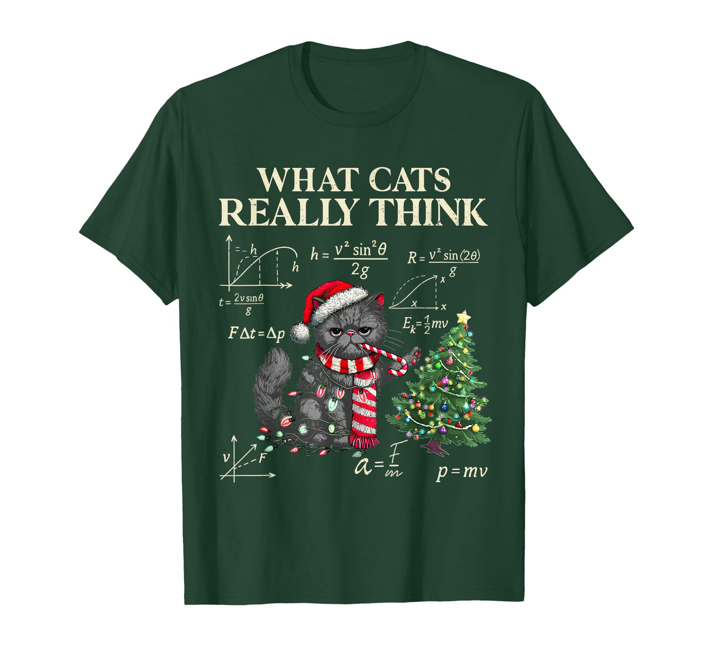 Funny Black Cat Pushing Xmas Tree Over Cats Physics Humor PJ T-Shirt