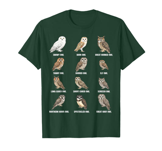 Types of Owls – Owl Species Identification Chart T-Shirt