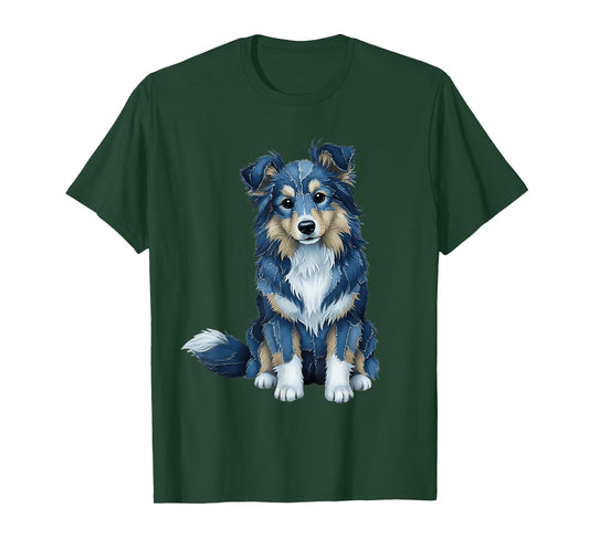 Funny Sheltie Dog Blue Denim Patchwork Pattern T-Shirt