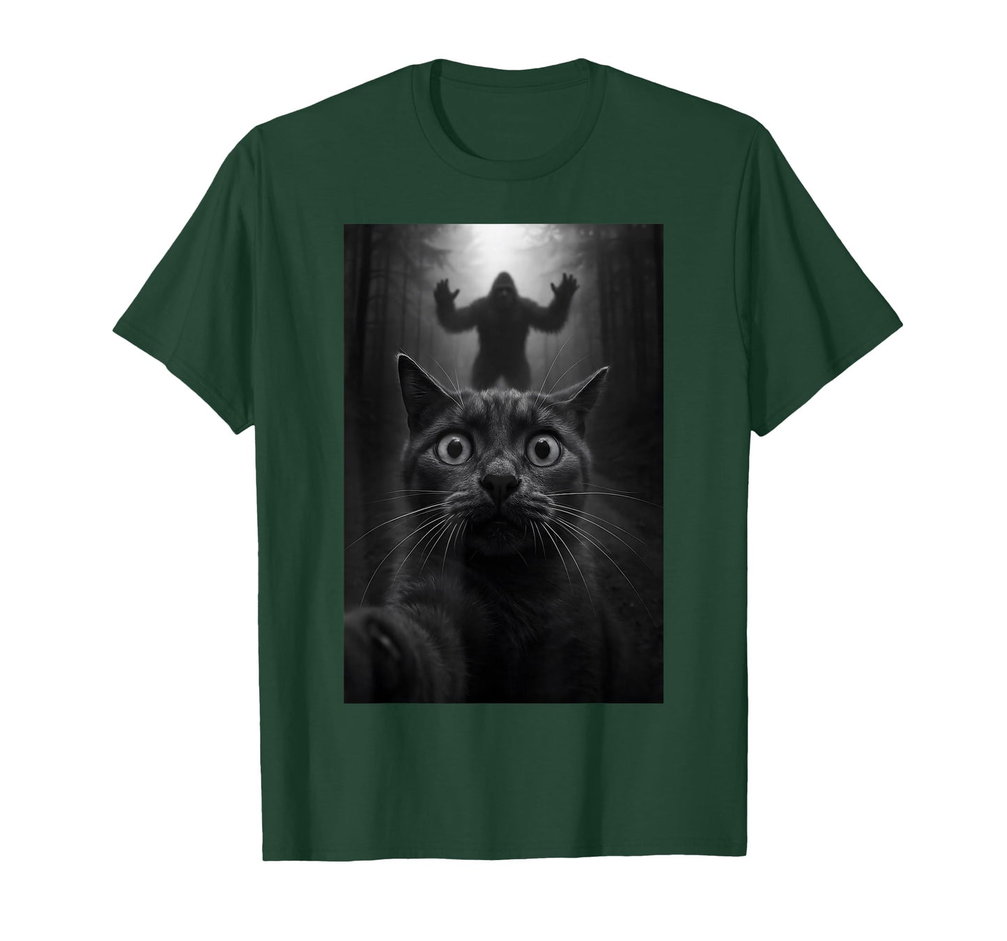 Shocked Black Cat Selfie with Bigfoot Funny for Kids Teens T-Shirt