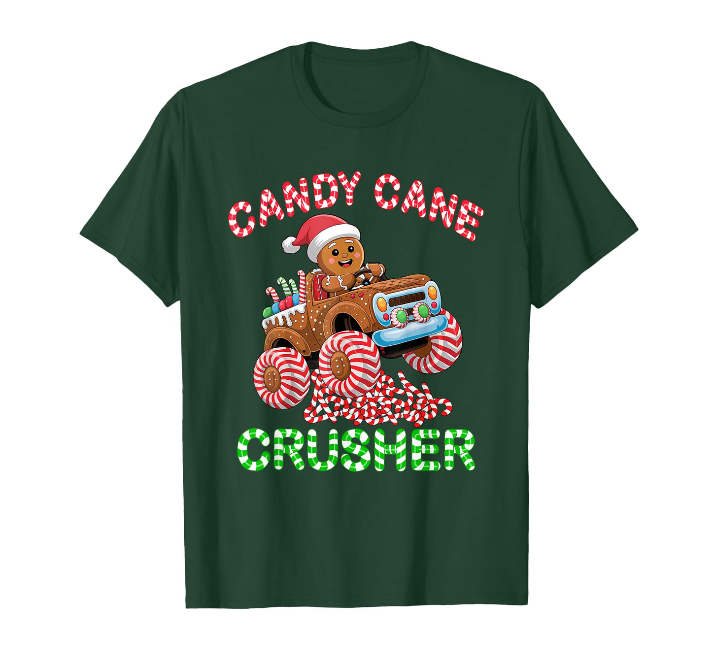 Kids Christmas Gingerbread Candy Cane Crusher Monster Truck T-Shirt