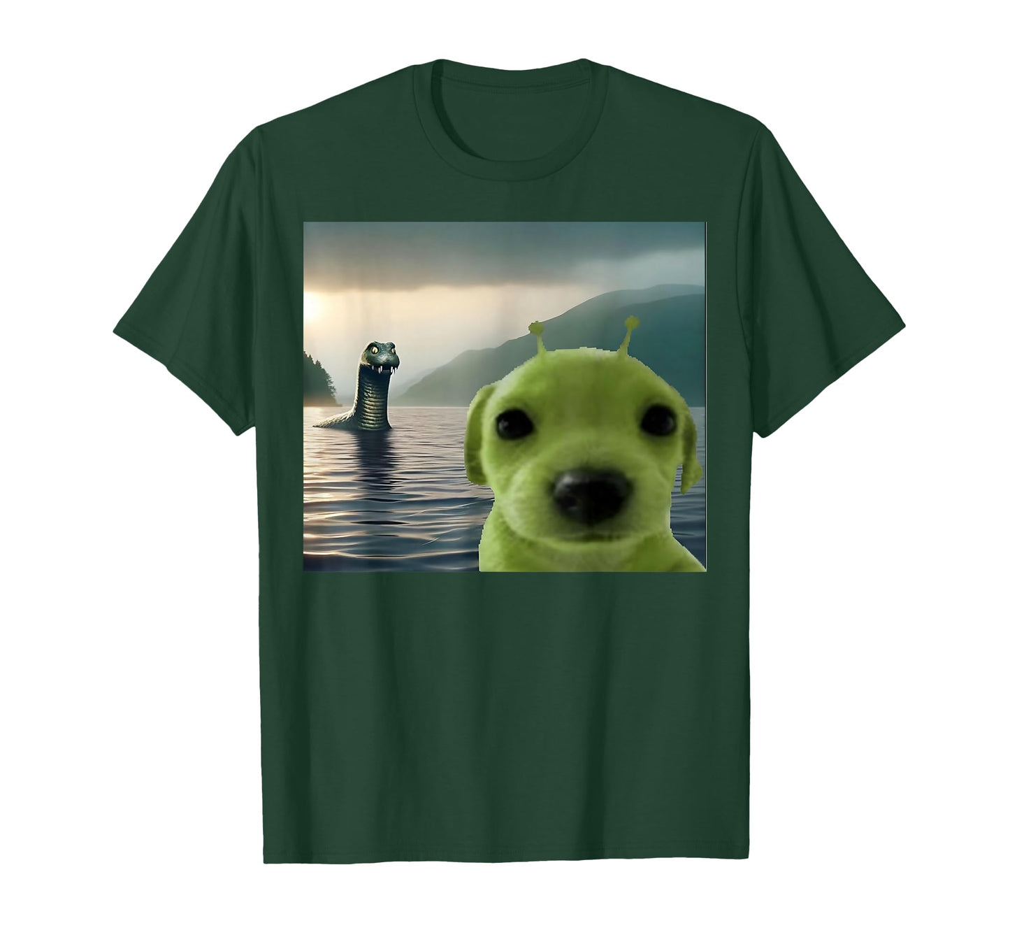 Alien Dog Viral Meme Selfie with Loch Ness Monster Nessie T-Shirt