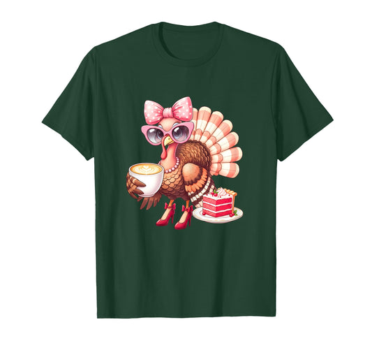 Turkey Drinking Coffee Bow Thanksgiving Womens Funny Gifts T-Shirt