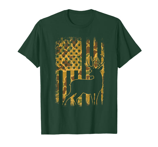 Camo US Flag Deer - Buck Hunting Lover Big Game Hunter T-Shirt
