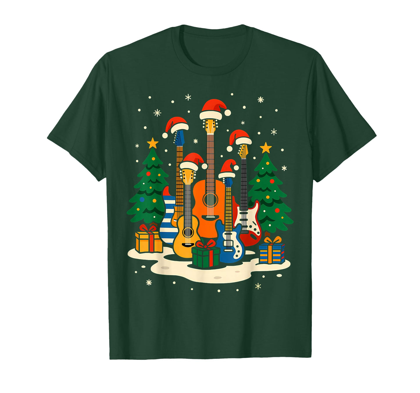 Guitar Santa Hat Christmas Tree Light Funny Music Lover Xmas T-Shirt