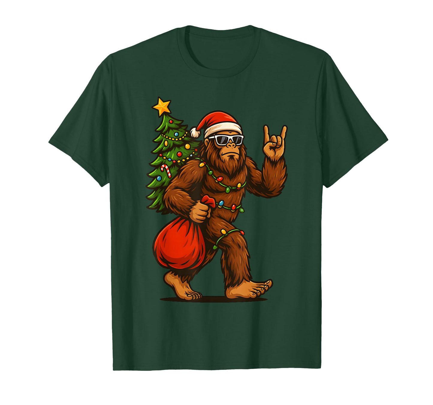 Santa Bigfoot Rock and Roll Christmas Tree Xmas Lights Mens T-Shirt
