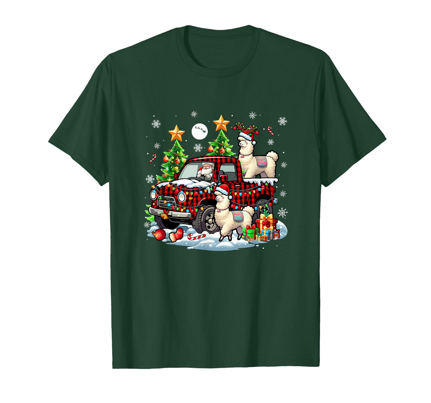 Two Xmas Reindeer Santa Llamas On Colorful Pickup Truck T-Shirt