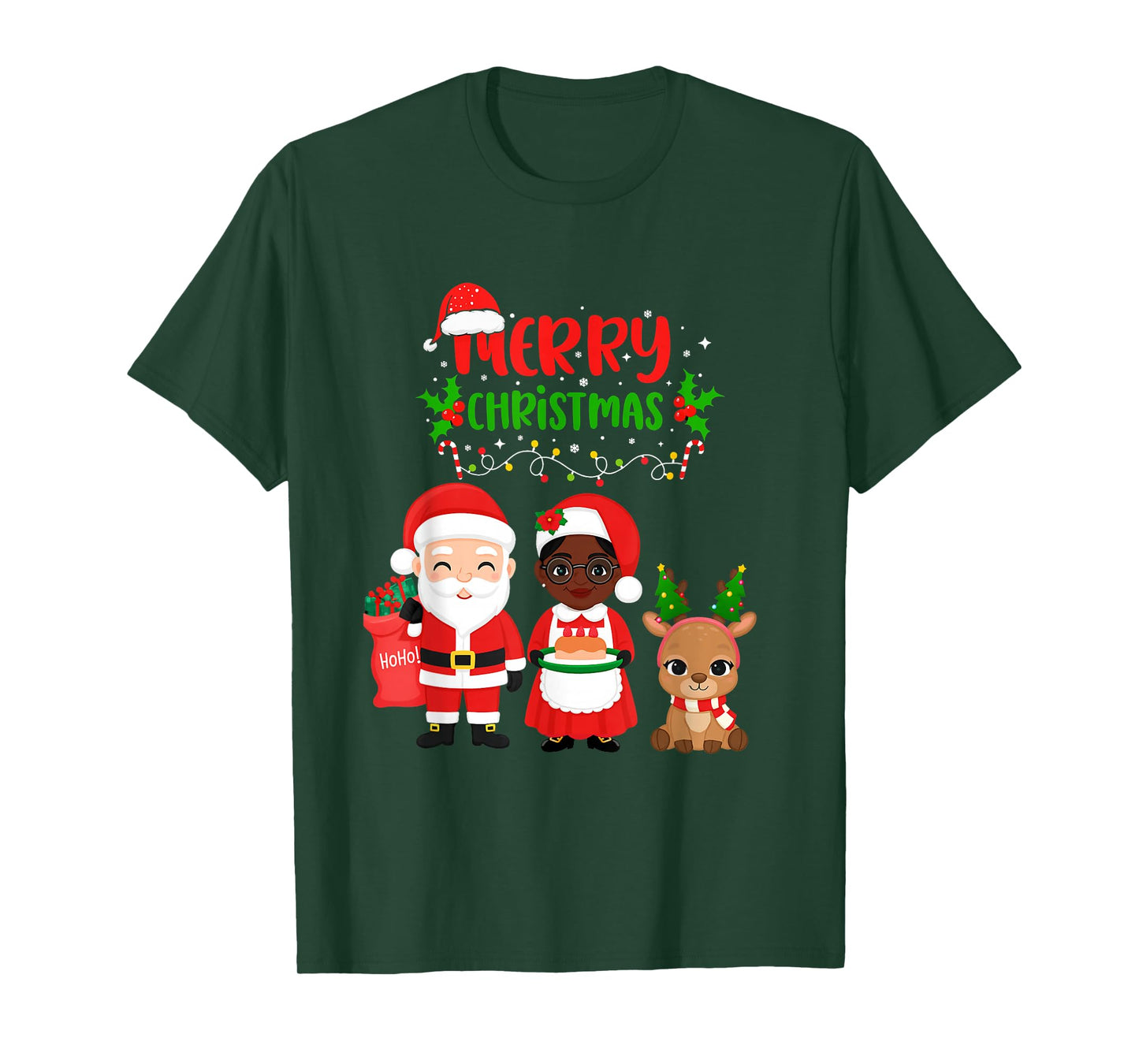 Cute Santa & Melanin Mrs Claus Interracial Family Christmas T-Shirt