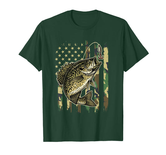 Vintage Crappie Fishing Camo American Flag Fisherman T-Shirt