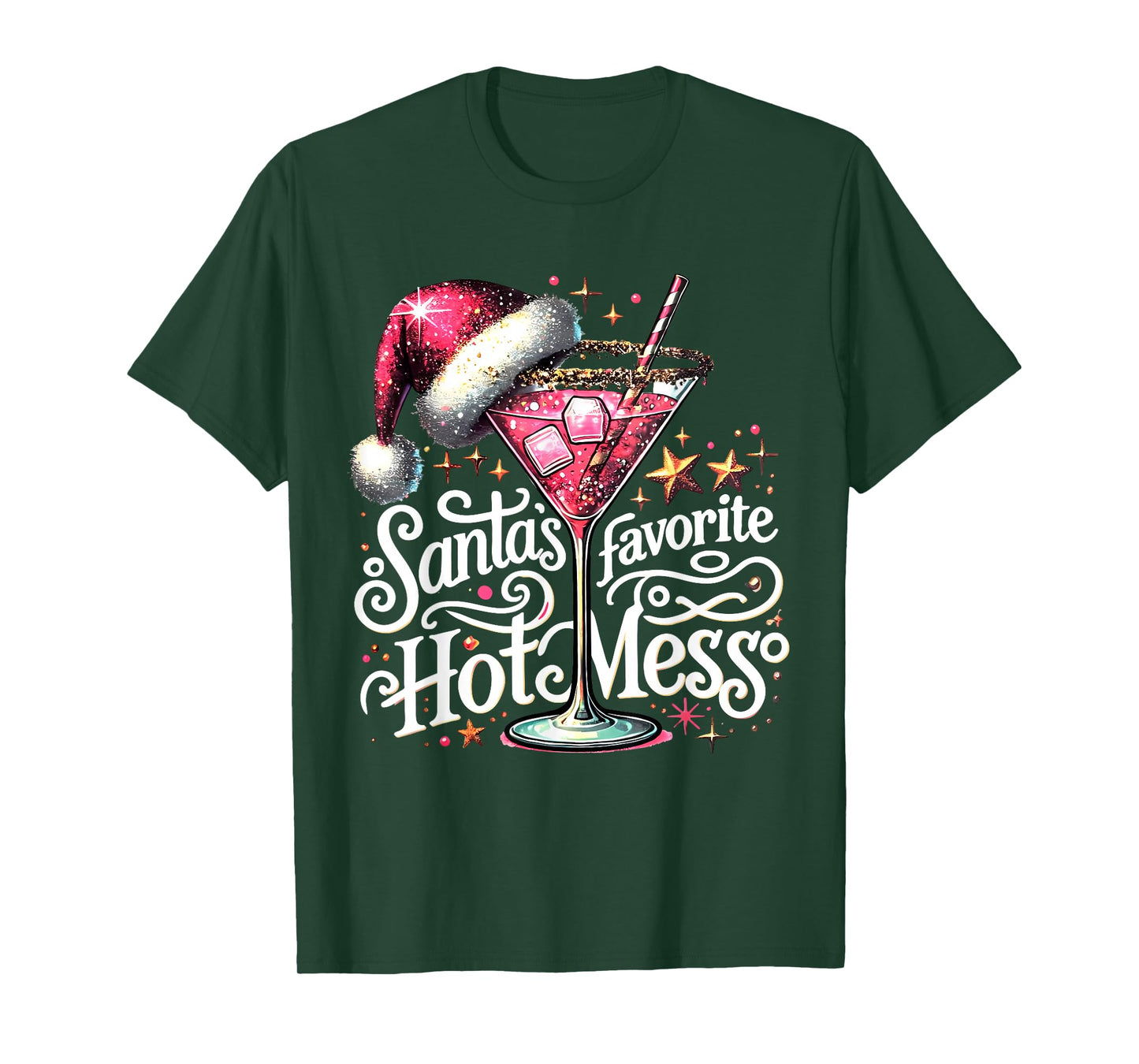 Retro Funny Santa's Favorite Hot Mess Cocktail Christmas T-Shirt