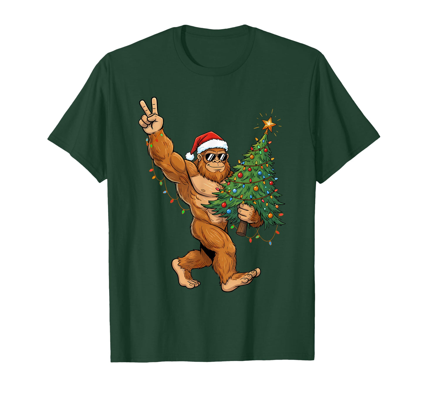 Sasquatch Christmas Tree Lights Shirt Funny Xmas Boys Men T-Shirt