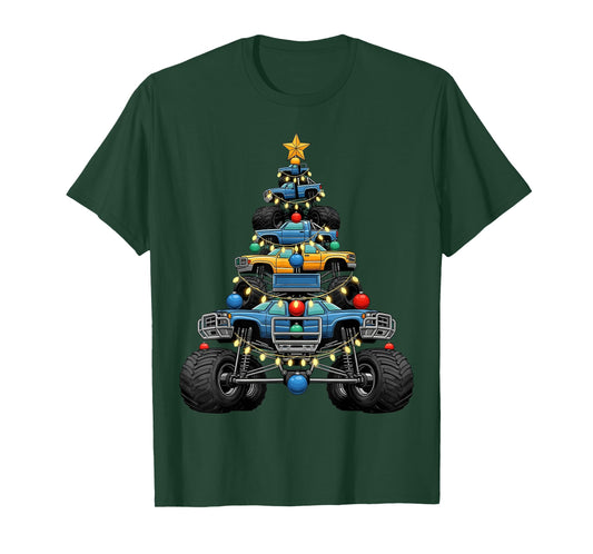 Monster Truck Christmas Tree Xmas Lights Graphic Kids Boys T-Shirt